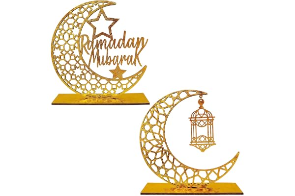 GWAWG Ramadan Mubarak-bordsdekorationer, trä set guld prydnad måne stjärna lyktor Ramadan Eid-dekorationer för hem, matsal, i