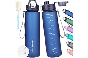 AOHAN Butelka na wodę 1 l, butelka na napoje z filtrem, sportowa butelka na wodę z motywacyjnym narzędziem do pomiaru czasu i szczotką do butelek, bez BPA, szczelne butelki na wodę do fitnessu, na