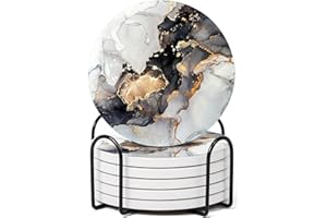GRISHA Marble Design Ceramic Coasters Set of 6 with Holder and Cork Base - Delux Grey Home Accessories for Drinks, Cup and Table Decor, 10cm/4inch