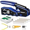 Solsop RJ45 Crimp Tool Pass Through - Cat5e Cat5 Cat6 RJ45 Crimping Tool Kit with 50PCS CAT5e CAT6 Pass Through Connectors, Mini Wire Stripper, Wire Cutter Plier, Network Cable Tester