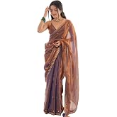 AKHILAM Women's Shimmer Tissue Embroidered Saree With Unstitched Blouse Piece