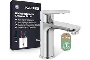 KLUDI-X1 Niederdruck Waschtischarmatur, Auslaufhöhe 95 mm, wassersparender Wasserhahn Bad Größe M, Keramikkartusche, Mischbatterie Waschbecken inkl. 3 Anschlussschläuchen (Boiler Zu-und Rücklauf)
