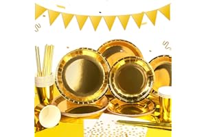 Yidaxing Vaisselle Anniversaire Or, 121pcs Kit Vaisselle Jetable Anniversaire Or Nappe Assiettes Serviettes de Table Et Pailles en Papier Doré pour Fêtes, Noël, Mariages, Anniversaires (24 Invités)