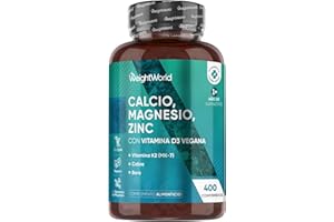 WEIGHTWORLD Calcio, Magnesio y Zinc con Vitamina D3, K2 y Más - 400 Comprimidos Veganos (+1 Año) - Complejo de Vitaminas y Minerales, Sin Gluten, Sin Lactosa