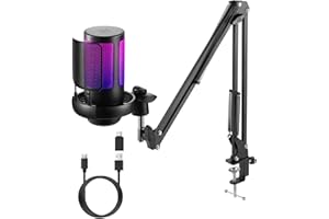 FerBuee USB PC Computer Gaming Microphone with RGB Light. Condenser Microphone with Mute Button, Volume Control, 3.5mm Headphone Jack. Compatible with Windows, Mac OS, Smartphones