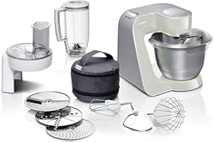 ‎BOSCH HAUSGERÄTE Bosch MUM5 wielofunkcyjny robot kuchenny, 1000W, maszynka do krojenia i ubijania, mikser planetarny, hak do ciasta, rozdrabniacz do owoców i warzyw, misa 3,9l, kolor szary, srebrny, MUM58L20