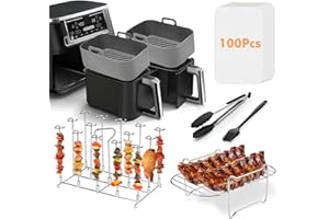 RHM Accessoires pour friteuse à air double panier pour Ninja Foodi AF300UK AF400UK Tower T17088/Salter/Devology et autres friteuses à air double zone de 7,6 à 9,5 L, y compris support de brochettes,