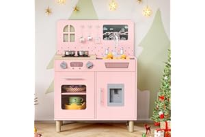 MAMIZO Wooden Play Kitchen for Kids, Toy Kitchen with Realistic Light & Sound, Interactive Kids Kitchen with 5 Pcs Cookware, Oven, Water Dispenser, Storage Cabinets & Chalkboard for Ages 3+ (Pink)