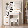 White Dressing Table with Mirror & LED Lights, 4 Drawers & Shelves, Vanity Makeup Dresser Table with Sliding Mirror Hidden Storage Space White