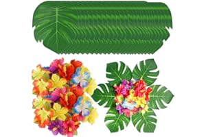 JODSEN 90 Pz Decorazioni per Feste Tropicali Forniture Foglie di Palma Tropicale Artificiali Hawaiane Fiori di Ibisco Foglia di Monstera Simulazione Piante Decorazione per Luau Spiaggia Giungla Tema Tabella