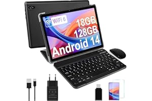 DMOAO Tablette 10 pouces Android 14 avec 18 Go de RAM + 128 Go de ROM (TF 1 To), Tablette HD avec 5G Wi-Fi 6, Widevine L1, Octa-Core, USB-C, BT 5.0, 6000 mAh, Tablette avec Clavier + Souris + Étui, Noir