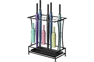 YOCOMEY Schirmständer aus Metall mit abnehmbarer Abtropfschale, industrieller freistehender Schirmständer für Eingangsbereich, Zuhause, Büro, Terrasse, Dekoration (10 Fächer, 8 Haken, schwarz)