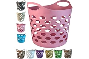 OCEANEVO Plastic Laundry Basket With Handles Flexi Large Storage Round Hipster Hamper For Clothes Nursery & Home Organisation 13 Colours 30L (Pink)