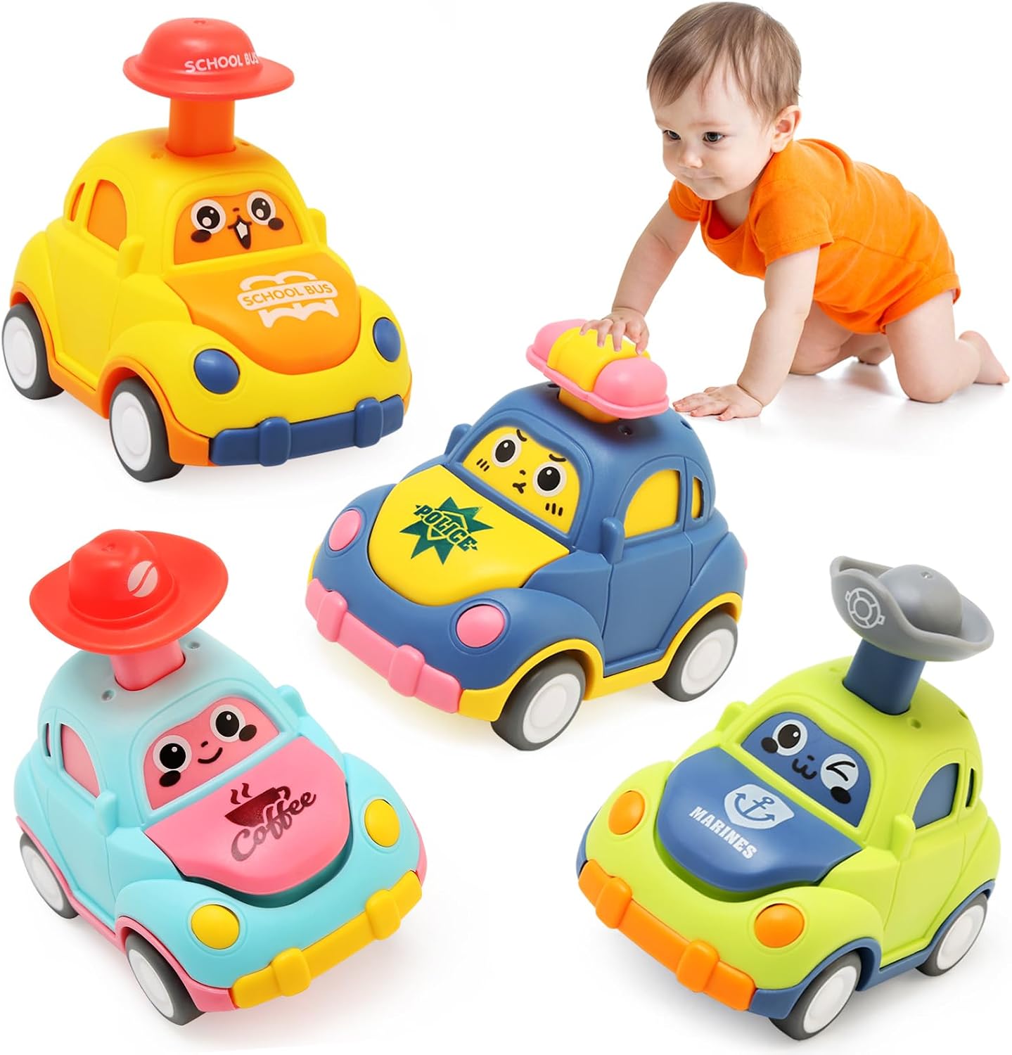 BelleStyle Coches Juguete para Bebes 1 Año, 4 Piezas Press-and-Go Conjunto de Vehículos para Niños Pequeños de 1 2 3 Años, Camiones De Juguete de Educación Regalos para 12 18 24 Meses Niños Niñas