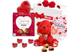 NARAS Valentines Hampers for Her - 18cm Red Teddy Bear, Guylian Heart Chocolates, Valentines Day Card - Valentines Gifts for Women, Romantic Gift for Girlfriend, Wife (Red)