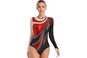 Vxuxlje Justaucorps Gymnastique Femme Body Danse Ballet à Manches Longues Strass Métallique Bodysuit Patinage Artistique Compétition Combinaison Gym Sport Yoga S-XXL