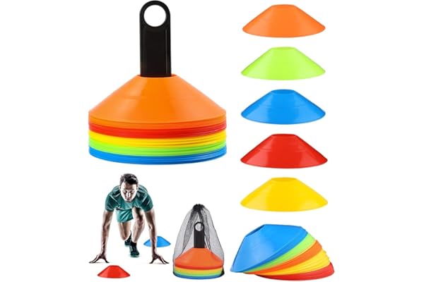 Birshe 50 Pcs Plots Entrainement, Plots De Marquage pour Football Cône, Cônes à Disque avec Support de Rangement, Poche Filet, Plots Sport pour Délimitation Entraînement Football (5 Couleurs)