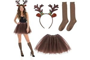 TUONYIS Deguisement Renne Femme, Les Accessoires de Camouflage de Noël de Renne Comprennent le Bandeau de Renne, Tutu Jupe, les Chaussettes Brunes, pour Femme Carnival Halloween Noël