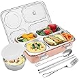 PRIME DEALS Lunch Box Sealed Leakage Proof Stainless Steel Lunch Box with Fork,Chopstick & Spoon Lid Office Food Container 4 Compartment for School Kids and Adults, 1250ml (4 Compartment, Pink)