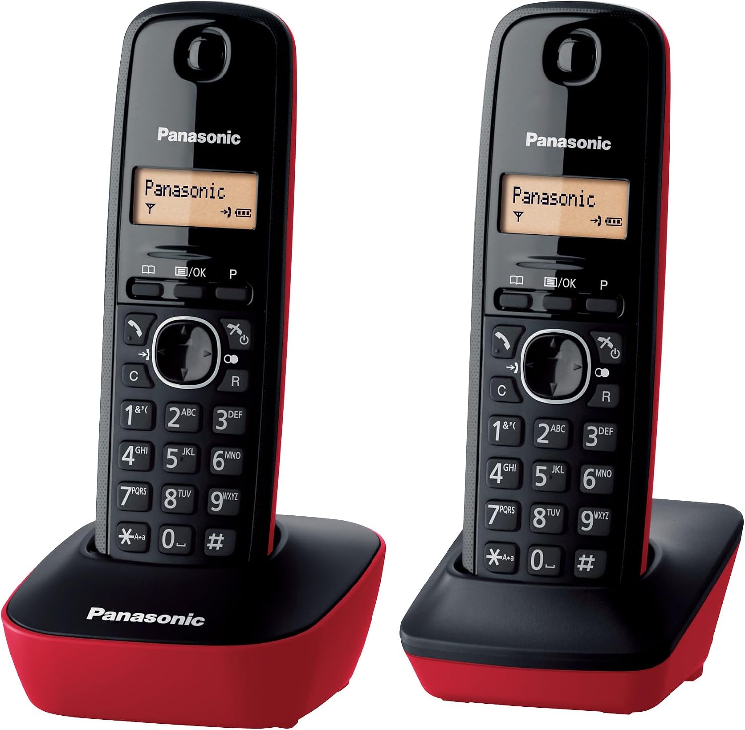 Panasonic KX-TG1612SPR Teléfono Inalámbrico Digital DECT, Unidad Base y 2 Auriculares, Identificador De Llamadas, Batería Larga Duración, Pantalla LCD, Agenda, Rellamada, Despertador, Rojo