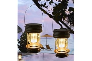 PEARLSTAR Lot de 2 lanternes solaires à suspendre - Lampes solaires LED vintage à suspendre avec poignée pour allée, cour, terrasse, arbre, plage, pavillon (lumière chaude)