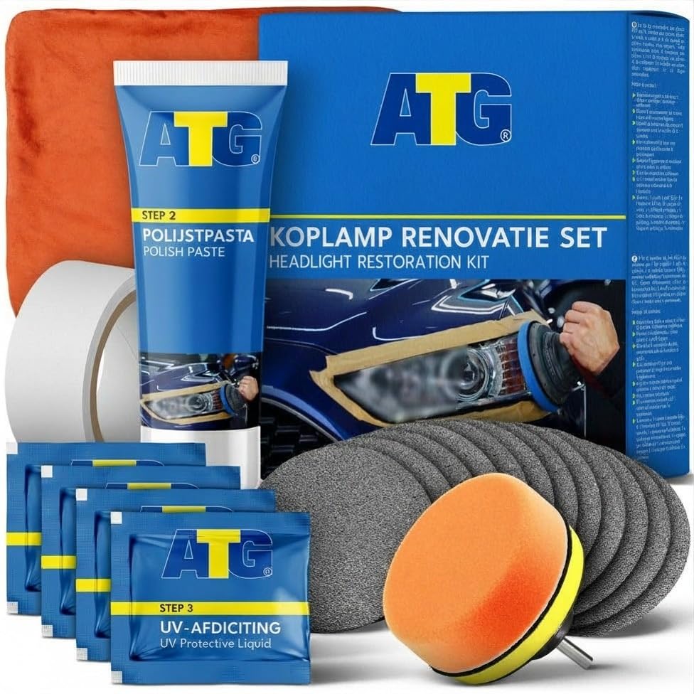 ATG Koplamp Polijstset – Herstelt Doffe & Vergeelde Koplampen in Minuten – Headlight Restoration Kit met UV-Bescherming voor Helder Zicht – voor Auto & Motor