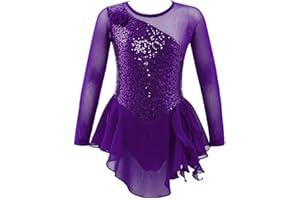 dPois Robe de Patinage Artistique Enfant Fille Robe de Danse Classique Manches Longues Paillettes Brillants Justaucorps Gymnastique Gym Ballet 4-14 Ans
