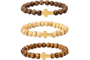 Manfnee 3-4Pz Croce Bracciale 8mm Perlina di legno Uomo Donna Bracciale fantasia Crocifisso elastico