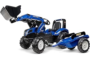 FALK - Tractopelle à pédales New Holland avec remorque - Dès 3 ans - Fabriqué en France - Pelle frontale articulée - Siège ajustable - 3090M, Bleu