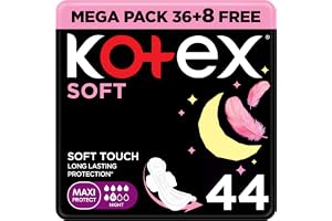 Kotex Soft Maxi, Overnight Protection Sanitary Pads with Wings, 44 Sanitary Pads, Feather-Touch Softness