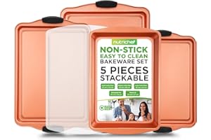 NutriChef 5 Piece Baking Pan Set, Nonstick Carbon Steel Bakeware Pans, Stackable Baking Trays, Kitchen Bake Cookie Sheet for Oven, with Silicone Handles, PFOA, PFOS, PTFE Free