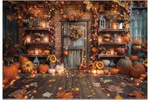 Ttincceer Autumn Thanksgiving Photography Background 2.5 x 1.8 m Wooden Floor Brick Wall Harvest Photo Background Autumn Pumpkins Sunflower Banner Birthday Baby Shower Party Decoration
