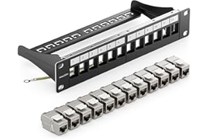 deleyCON Kit de 12 Ports Panneau de Brassage Modulaire 1 U 10" Installation en Rack + 12x Modules Keystone RJ45 CAT6a Compatible avec Câble Réseau LAN CAT5 CAT6 CAT7 Câble D'installation Noir