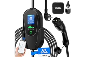 AFYEEV Cargador Coche Electrico 3,68 kW (6 m, 6 – 16 A, 1 Fase), EV Cargador Tipo 2 con Enchufe Schuko, Cable de Carga de Corriente Schuko con Corriente Ajustable y función App