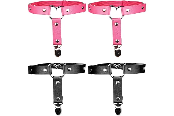 4 stycken strumpeband dam justerbara lårbandsset, punk gotiska ben strumphållare med halkskydd clips för cosplay halloween festival, svart och rosa (30–54 cm)