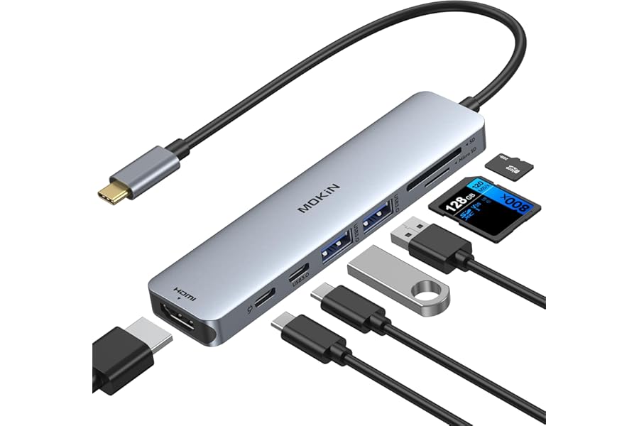 MOKiN USB C Hub HDMI Adapter for MacBook Pro/Air, 7 IN 1 USB C Dongle Mac Adapter with HDMI, Type C Data Port,100W PD,SD/microSD and 2 USB3.0 for Dell/Lenovo/Thinkpad
