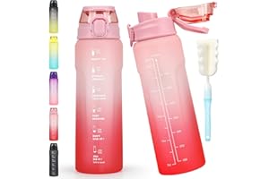 CodiCile Wasserflasche 1L, Sport-Wasserflasche mit Strohhalm und Trinkanschlussdeckel, Zwei Wege zu trinken, auslaufsichere Wasserflasche, BPA-freie Trinkflasche für Fitnessstudio, Büro, Rosa & Rot