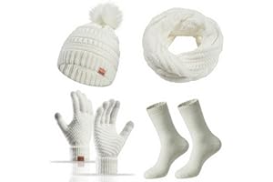 BAYNETIN Conjunto de Bufanda Gorro de Punto y Guantes Calcetines,Pantalla Táctil Lana Guantes,Suaves Calcetines, Pompón Bufanda, Estilo Beanie Gorro, Invierno Regalos Conjunto 4 in 1 para Mujer