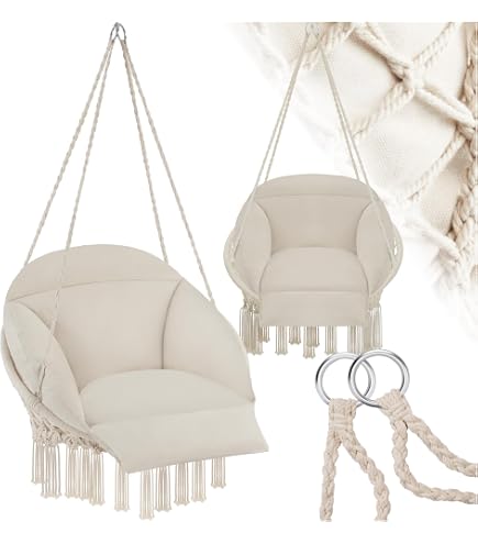 Bathonly Poltrona Sospesa Caraibico Con Barra In Legno – Sedia A Dondolo In Corda Per Esterno/Interno, Max 150 Kg, Beige - 5