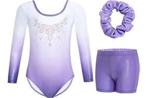 Gogokids Mädchen Dreiteilige Gymnastikanzüge, Langärmliges Gymnastik Set mit Shorts und Haarband, Glitzernde Balletteinheitstrikots - Gymnastik Outfit mit Farbverlaufdesign für 3-12 Jahre
