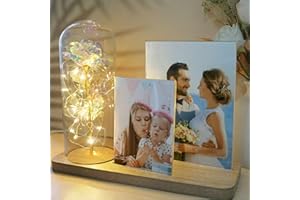 uniqicon Portafoto Rosa Eterna in Barattolo, Portafoto Fiore Eterno con Luce LED, Idea Regalo per Anniversario San Valentino Matrimonio Fidanzata Moglie Mamma Coppia