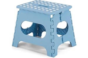VECELO Folding Stool 28cm, Non-Slip Surface Portable Foldable with Carry Handle, Heavy Duty to Support Kids/Toddler/Adults for Living Room Kitchen, Bathroom,Blue