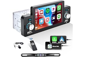 CAMECHO 5 Inch Single Din Car Stereo Compatible with Apple CarPlay Android Auto HD Touchscreen Bluetooth 5.1 Car Radio Receiver Mirror Link FM MP5 Player Dual USB EQ Media Player +Backup Camera Mic