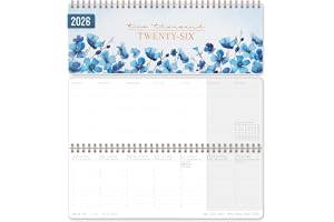 Häfft International Weekly Desk Calendar 2026 landscape "Blue Blossoms" | 1 vecka 2 sidor, veckokalender 29,8 x 11,6 cm, flerspråkig bordskalender