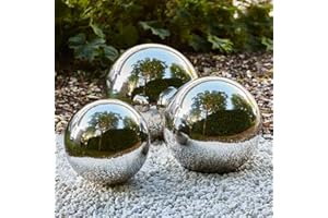 FAHAAM Set Of 3 Stainless Steel Gazing Balls For Gardens, Lightweight Smooth Hollow Globe Ball, Reflective Garden Sphere for Home Garden, Pool & Pond_ Dia. 20 cm 25 cm 28 cm