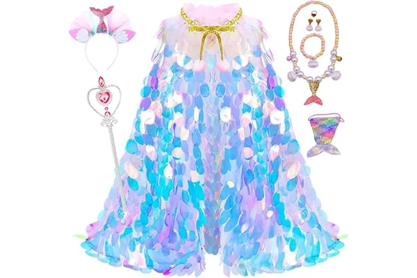 Princesse Cape, sirène habillé,Kit de cap de sirène arc-en-- Contrôle de cosplay brillant, robe irisée, costume de princesse fantaisie pour filles de 3 à 8 ans - pour la fête, Noël, anniversaire