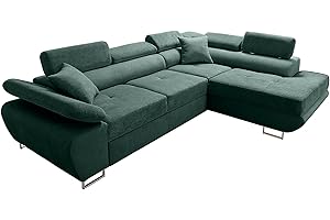 Robin Saturn Premium Divano angolare con funzione letto cassetto per biancheria e cuscini Poggiatesta regolabili stile moderno verde scuro angolo a destra 272 x 200 x 90