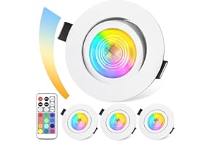 GeyouLux Spot LED Encastrable Dimmable RGB,IP44 Aluminium Spot LED 230V 68mm,5W 3CCT Spots Encastrés, Orientables 38°+ 45° Spots de Plafond Blancs avec Télécommande IR pour Salle de Bain, 4 Pièces