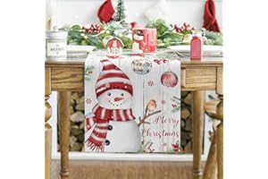 LAISLLA Tischläufer Weihnachten, Weihnachts Schneemann Kiefern Schneeflocken Weihnachten Tischläufer, Saisonnal Winter Küche Tisch Dekoration Drinnen Urlaub Party Dekor, Weihnachten Tisch Deko 33 x 180 cm