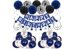 YOUERLS Birthday Decoration, Blue and Sliver Birthday Decorations for Men Women,Birthday Party Decorations for Boys Girls, Happy Birthday Banner Balloons with Table Cloths,Hanging Swirls Decorations